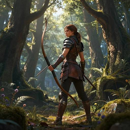 Photorealistic digital art: Female archer with brown hair, leather armor, and dark leggings stands in a sunlit, dense forest, holding a