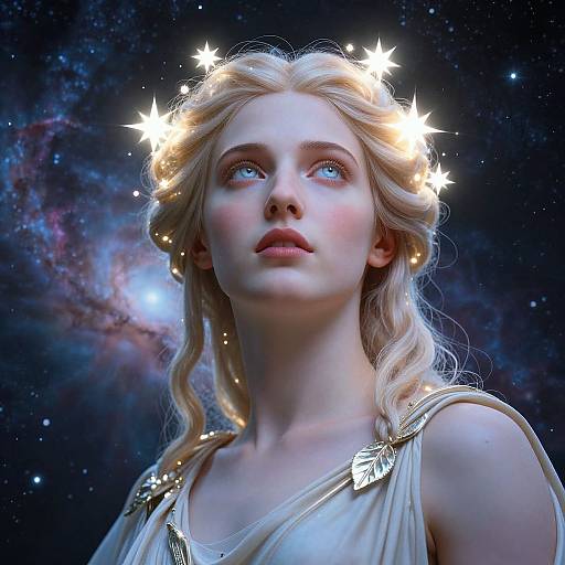 Digital artwork of a blonde woman with glowing star-like hair, wearing a white, gold-accented gown, against a cosmic galaxy background.