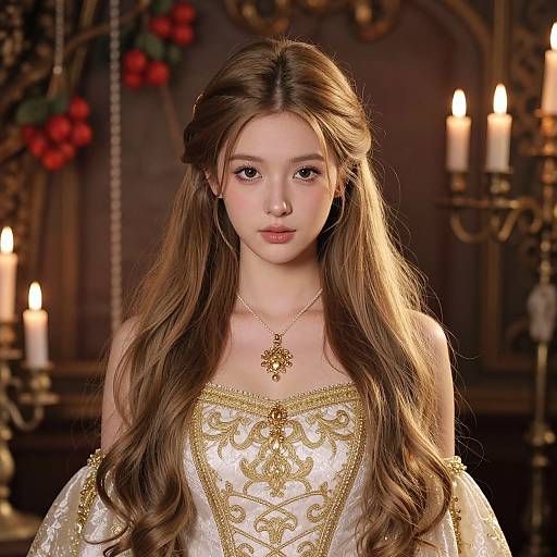 Photorealistic digital portrait of a young woman with long brown hair, wearing an ornate white and gold dress, necklace, and candlelit medieval-style