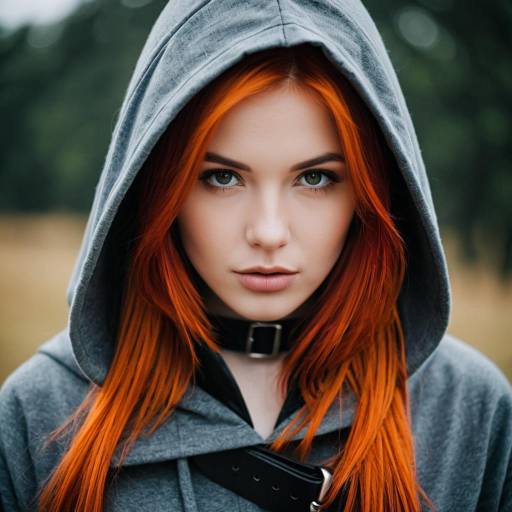 Red-haired woman in hooded grey sweater portrait