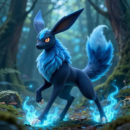 Digital art: A majestic, dark blue, fox-like creature with glowing orange eyes, large ears, and a fluffy, electric blue mane and tail,