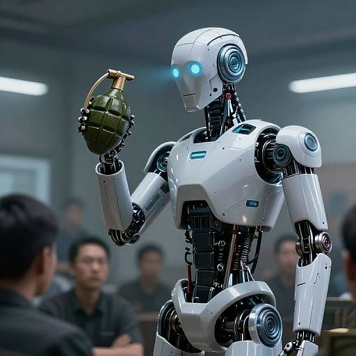 Photograph of a white, humanoid robot with glowing blue eyes holding a green grenade, standing in a blurred conference room with seated people.