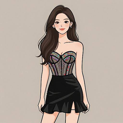 Digital illustration of a beautiful woman with long black hair, wearing a strapless, sparkling corset top and black skirt, standing against a plain gray background