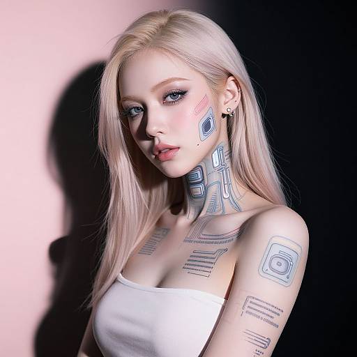 Digital CGI portrait of a pale, blonde-haired woman with futuristic blue tattoos, wearing a white strap top, against a black and pink gradient background.