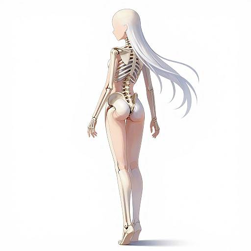 Digital art of a nude, white-haired, female humanoid with skeletal structure, standing with back to viewer, white background.
