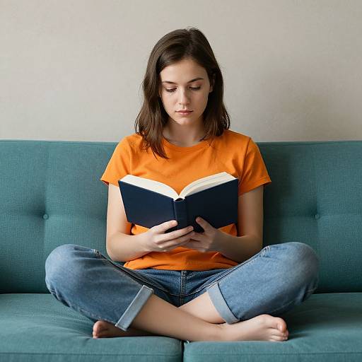 Photograph of a young woman with fair skin and dark brown hair, wearing an orange shirt and blue jeans, sitting cross-legged on a teal couch,
