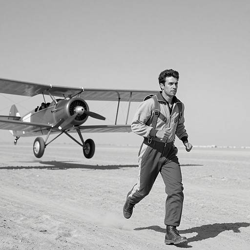 Man Running in Desert Near Low Flying Biplane