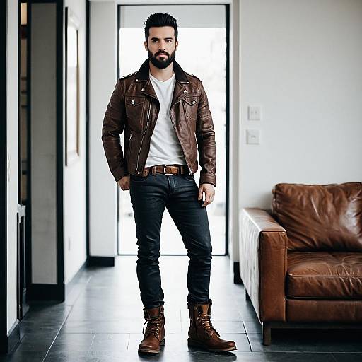 Man in Brown Leather Jacket and Boots Indoors