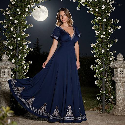 Photograph of a fair-skinned woman with wavy brown hair, wearing a navy blue, V-neck, embroidered gown, standing under a moonlit