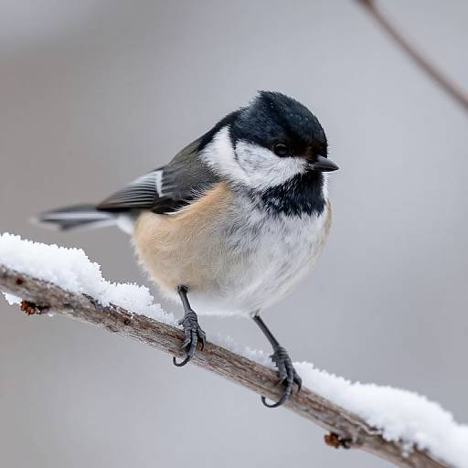 Photograph of a small black-capped chickadee with white cheeks and brownish-orange chest, perched on a snow-covered branch against a blurred