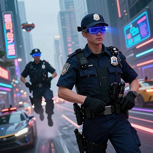 Photorealistic CGI: Two male police officers in dark uniforms and blue visors patrol a neon-lit, futuristic city street at night.