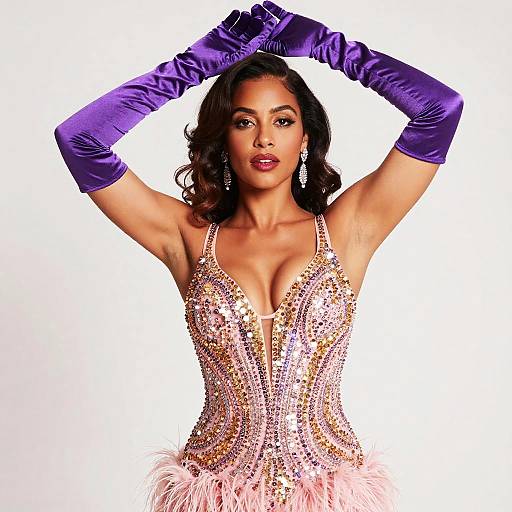 Photograph of a confident woman with medium brown skin, wearing a sparkling pink sequin dress with a deep neckline, and purple satin gloves, posing with