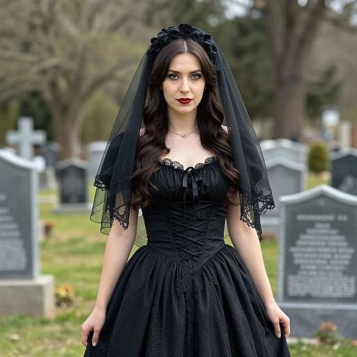 Photograph of a pale-skinned woman with long, dark brown hair and red lipstick, wearing a black gothic dress and veil, standing in a