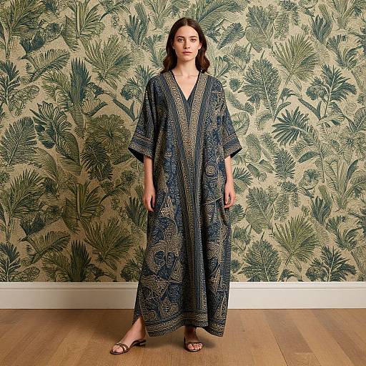 Photograph of a woman with long brown hair, wearing a navy blue, patterned, loose kimono-style robe and brown sandals, standing in front