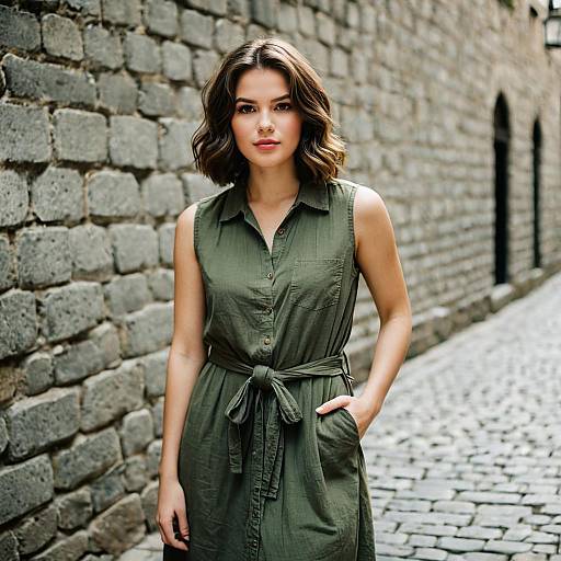 Young Woman in Olive Green Sleeveless Dress on Stone Street