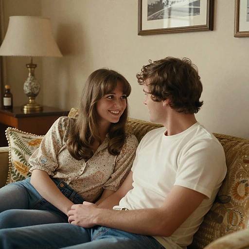 70s Cozy Couple in Warm Living Room