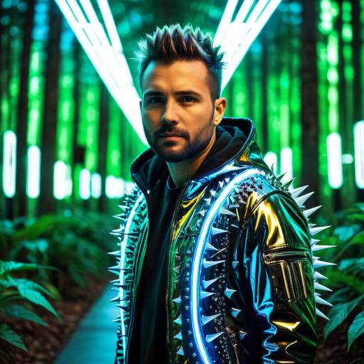 Man in Spiked Reflective Jacket with Neon Lights