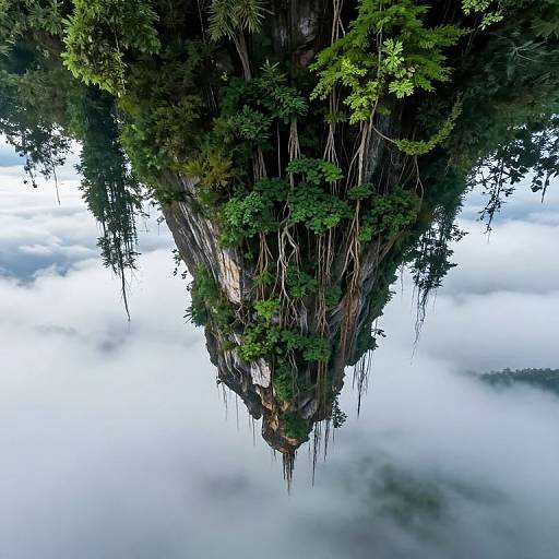 Photograph of a towering, lush, tree-covered rock formation hanging from a cloudy sky, with dense green foliage and long, dangling vines.