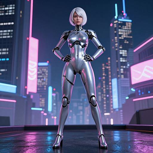 Digital CGI of a silver, robotic woman with white bob haircut, standing confidently in a neon-lit, futuristic cityscape at night.