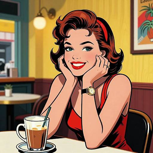 Digital illustration of a smiling 1950s-style woman with red hair, red dress, and red lipstick, sipping coffee at a retro café.