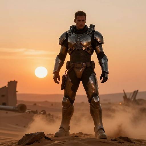 Sci-Fi Warrior Overlooking Ruined Battlefield