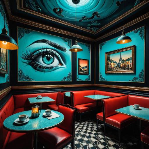Surreal Paris Cafe Interior with Turquoise Eye Mural