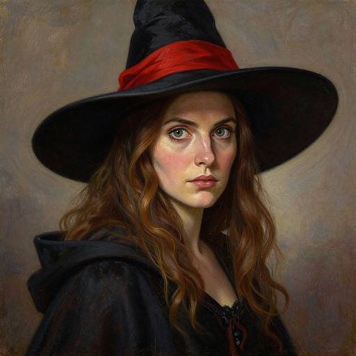 Digital painting of a fair-skinned, green-eyed witch with long brown hair, wearing a black hat with a red band, and a black cloak,