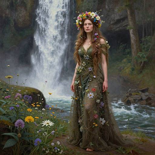 Enchanting Dryad by Waterfall