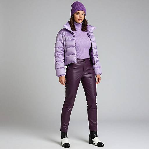 Photograph of a woman with medium brown skin wearing a purple knit beanie, lavender puffer jacket, ribbed turtleneck, black leather pants