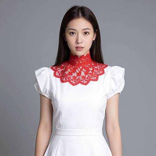 Photograph of an East Asian woman with long black hair, wearing a white dress with a red lace Peter Pan collar, standing against a plain gray background