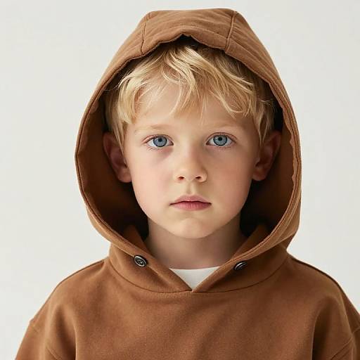 Photograph of a blonde, blue-eyed young boy with fair skin, wearing a brown hooded sweatshirt, looking directly at the camera against a white