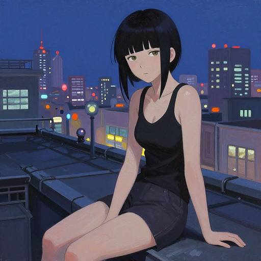 Digital anime-style drawing of a black-haired, green-eyed woman in a black tank top and shorts, sitting on a rooftop at night, with a colorful
