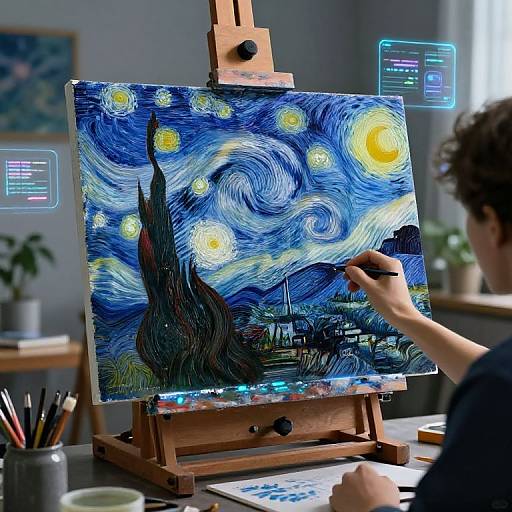 Photograph of a digital artist painting Vincent van Gogh's 