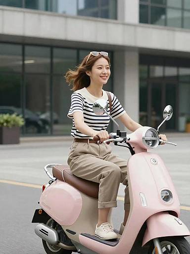 Relaxed Woman Riding Pastel Pink Scooter