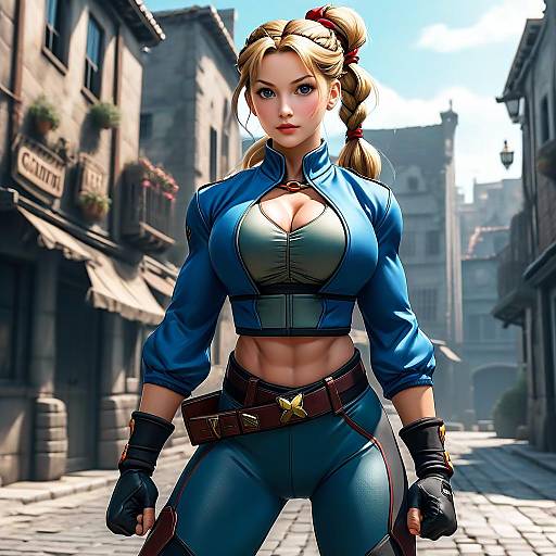 Digital art of a muscular, blonde woman with blue eyes, wearing a blue crop top and tight pants, standing confidently in a sunlit, cobble