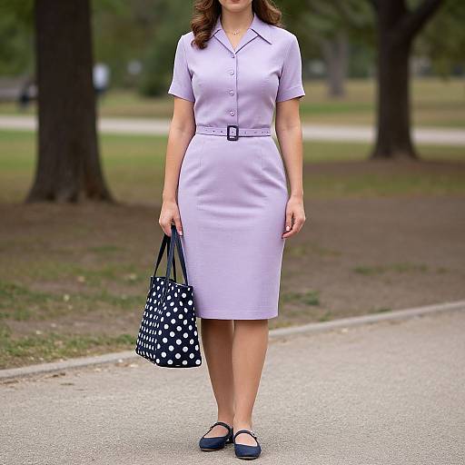 Photograph of a woman in a light purple, short-sleeve, button-up dress with a belt, holding a black polka-dot bag,