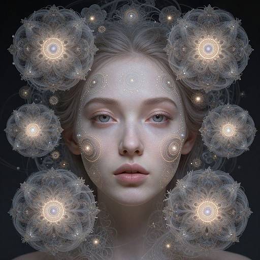 Digital artwork of a pale-faced woman with blue eyes, surrounded by glowing, intricate, lace-like orbs against a dark background.