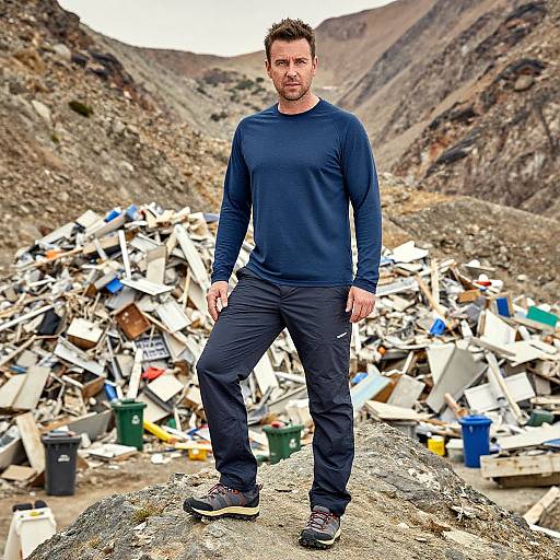 Photograph of a muscular man with short brown hair, wearing a navy long-sleeve shirt and black pants, standing on a rock in a mountain