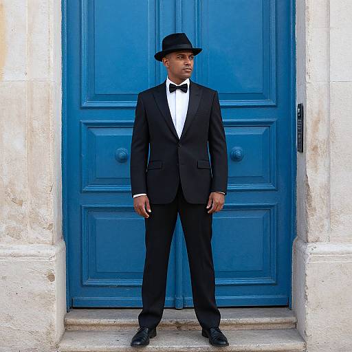 Photograph of a Black man in a black tuxedo, bow tie, and black hat, standing confidently in front of a vivid blue door.