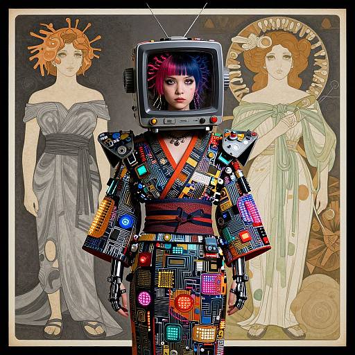 Digital artwork: Cyberpunk woman with TV head, colorful patchwork kimono, flanked by two Art Nouveau-style women in flowing dresses.