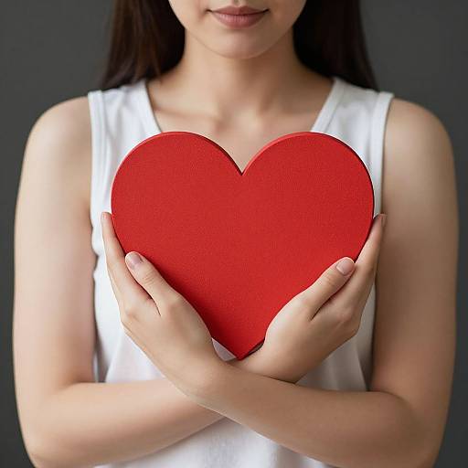 Photograph of an Asian woman with long dark hair, wearing a white sleeveless top, holding a bright red heart against a dark gray background.