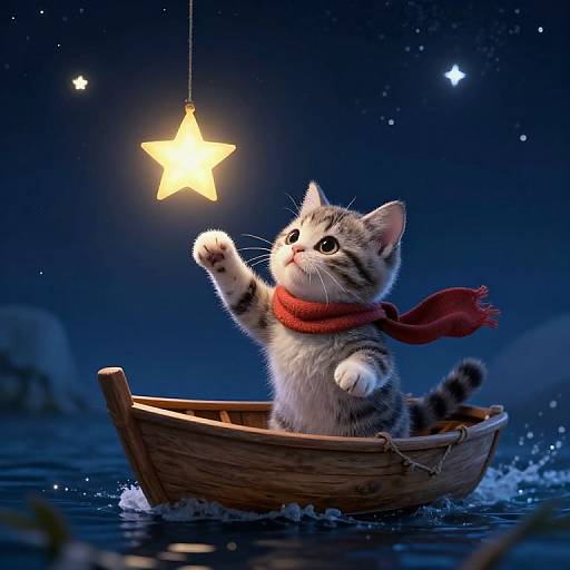 Adorable, striped kitten in a wooden boat, wearing a red scarf, reaches for a glowing star in a starry night sky. Digital artwork.