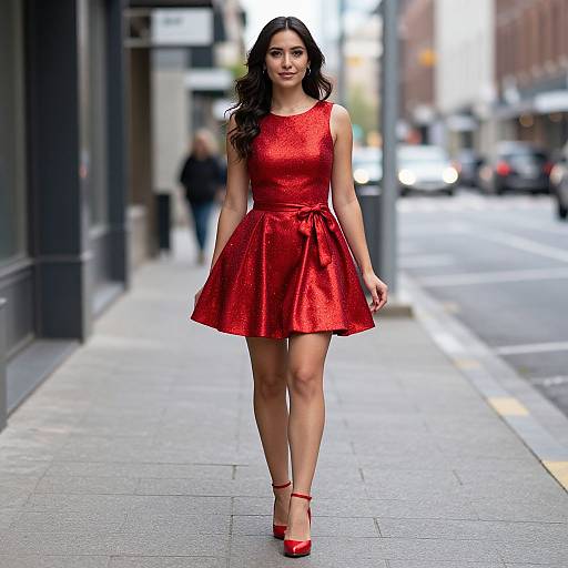 Photograph of a confident woman with long dark hair, wearing a vibrant red, sleeveless, A-line dress and matching red heels, walking down a