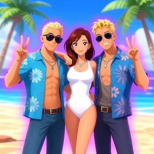 Vibrant Anime Beach Trio Scene