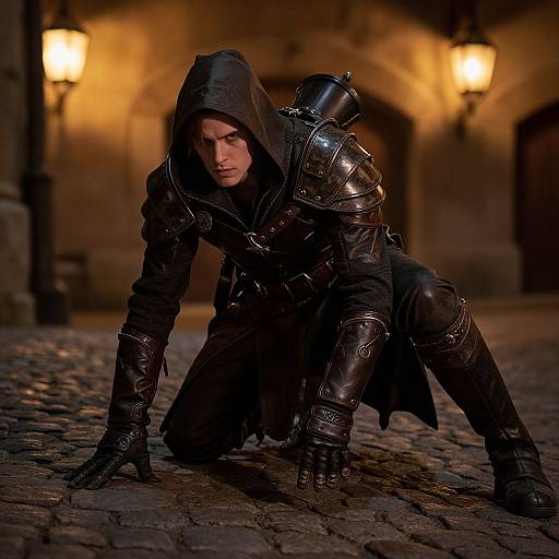 Photograph of a fierce, armored, hooded warrior on all fours in a dimly lit, cobblestone alley with warm, yellow lanterns