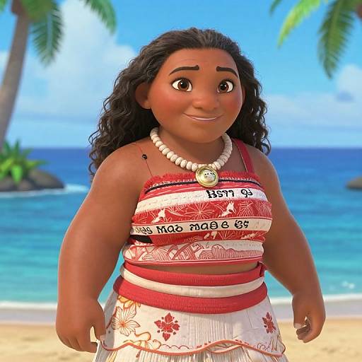 Photorealistic CGI of a brown-skinned, curly-haired girl in a red and white floral-patterned Hawaiian-style top and skirt, standing on a