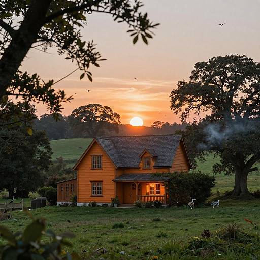 Photograph of a rustic orange wooden house at sunset, surrounded by green grass and trees, with a warm glow from the windows and birds flying in the