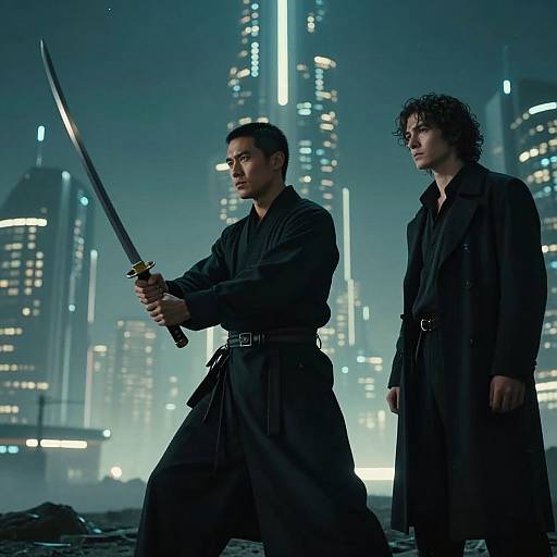 Photograph-style CGI of two men in dark robes, one holding a sword, standing in a futuristic cityscape with neon lights.
