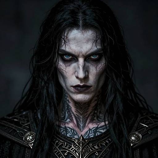 Photorealistic digital portrait of a pale, tattooed man with long black hair, intense blue eyes, and dark makeup, wearing ornate, medieval