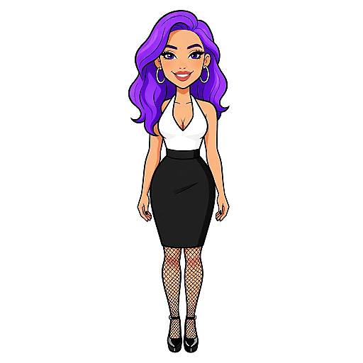 Digital illustration of a stylish woman with vibrant purple hair, wearing a white halter top, black skirt, fishnet stockings, and black heels. White